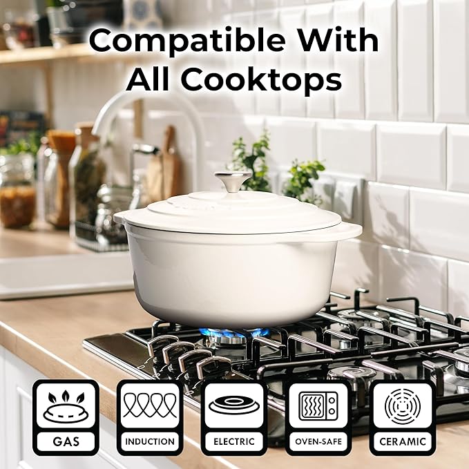 Zulay Kitchen 7.7 Quart Enameled Cast Iron Dutch Oven Pot with Lid ??Premium Durability & Oven Safe up to 500째F ??Heavy Duty Cookware Perfect for Bread Baking, Stews, Braising & Roasting ??White