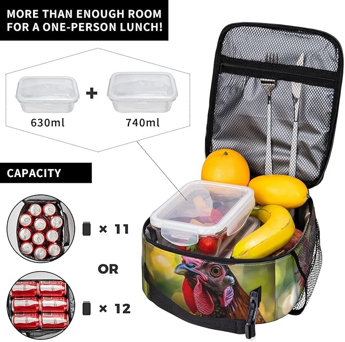 VANZEV Insulated Lunch Box for Women Men, Rooster Theme Lunch Box Reusable Portable Lunch Bag Cooler Tote Waterproof Lunch Container for Office Picnic Work Travel