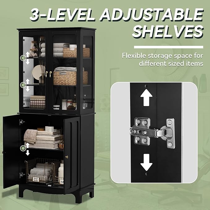 ARTPOWER 72" Freestanding Kitchen Pantry Storage Sideboard, Classical Tall Cabinet with Glass Door and Adjustable Shelves for Kitchen, Livingroom and Dining Room, Black