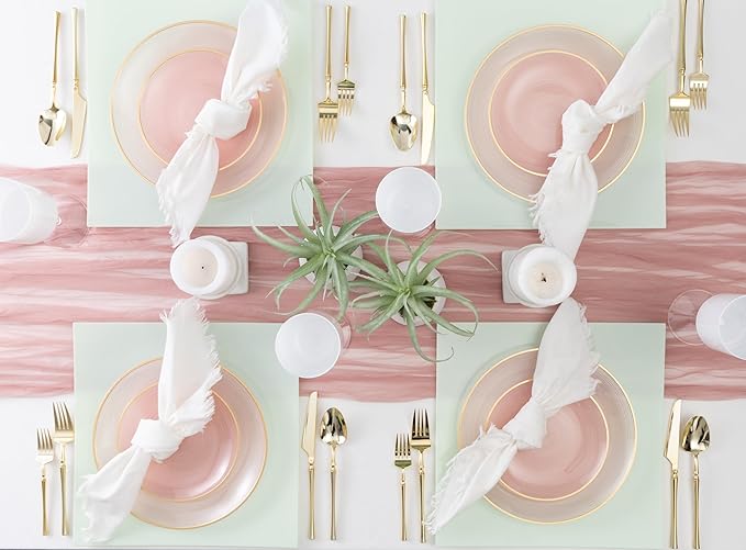PLASTICPRO 32 Pieces Crystal Design Plastic Plates Combo Pack 7 inch and 10 inch Gold Rim Elegant Disposable Plates, Transparent Pink