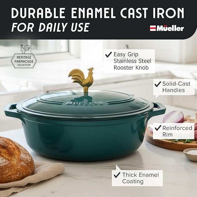 MUELLER HOME 5.5 Quart Enameled Cast Iron Oval Dutch Oven with Rooster Knob and Cotton Potholders, Heavy-Duty Cookware, Oven-Safe up to 500째 F & Across All Cooktops, Thanksgiving Essentials, Emerald