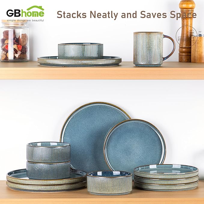 GBHOME Stoneware Dinnerware Sets for 4,Round Reactive Glaze Ceramic Plates and Bowls Set,Highly Scratch Resistant| Dishwasher & Microwave Safe Dishes Set,Service for 4(12pcs)