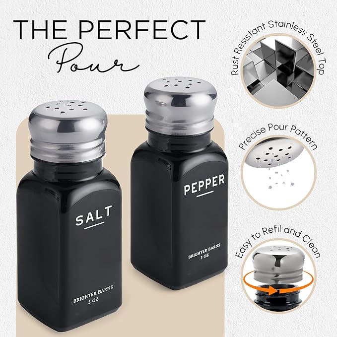 Black Salt and Pepper Shakers Set with Holder by Brighter Barns - Farmhouse Kitchen Decor, Modern Kitchen Essentials, Dining Table Centerpiece Decor - Glass Shakers with Caddy for Restaurants (Black)