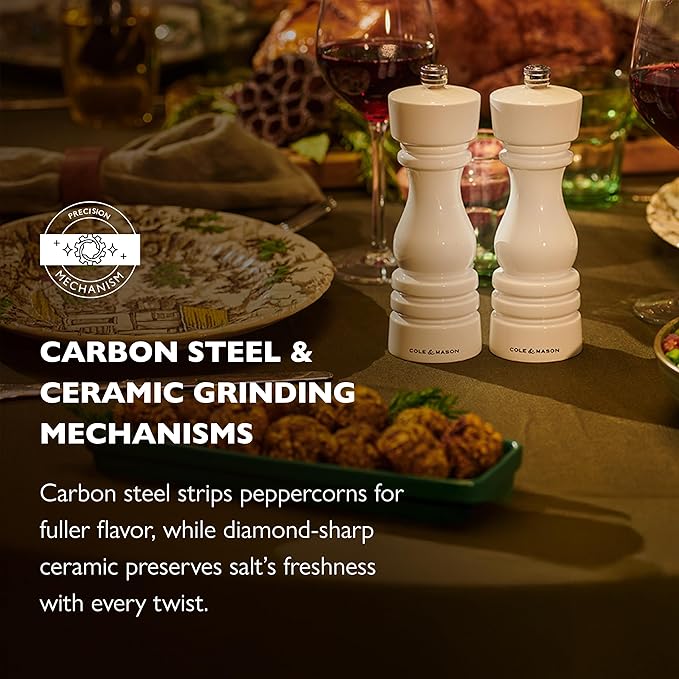 Cole & Mason London Refillable Spice Mill - Kitchen & Home Accessory - Salt & Pepper Grinder Set - Salt Mill with Ceramic Mechanism - Pepper Mill with Carbon Steel Mechanism - 7", White Gloss