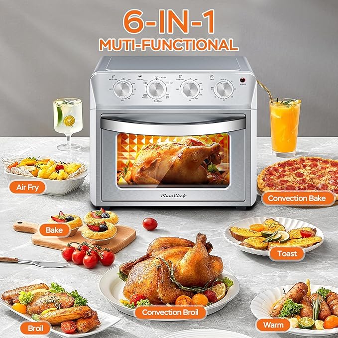 27.5QT 6-in-1 Air Fryer Toaster Oven Extra Large Dropdown-Door 6-Slice Convection Oven for Air Frying, Baking, Roasting, Broiling & Grilling, Stainless Steel Housing, Stainless Steel