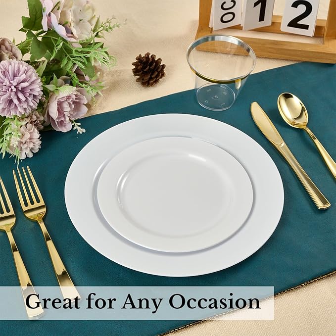 FOCUSLINE 100 Count White Plastic Dessert Plates 7 Inch, Disposable Heavy Duty Plastic Plates for Weddings, Parties and Events