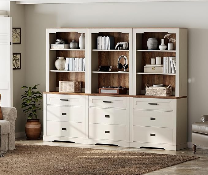 WAMPAT 3 Column 3 Tier Pantry Cabinet with Drawer,73.3" Tall Floor Standing Cupboard,Modern Farmhouse Display Kitchen Buffet with Adjustable Shelves for Dining Room,Living Room,Rustic White