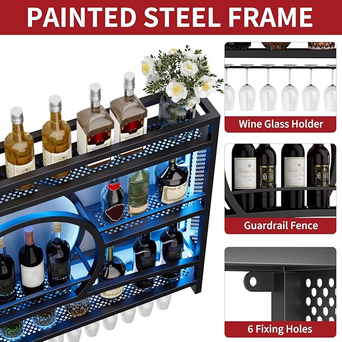Boshen 3-Tiers 46in Wine Rack Wall Mounted with LED Light, Sunset Shape Hanging Bar Liquor Wall Shelves with Glass Holder Metal Display Rack for Kitchen Coffee Dining Room Home, No Assembly Required