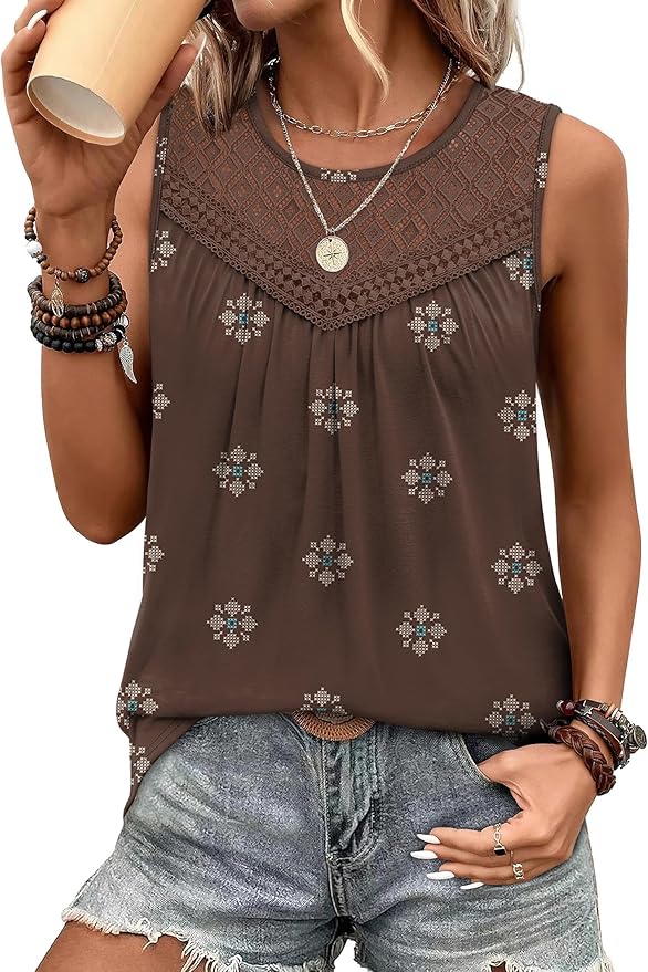 XIEERDUO Womens Tank Tops Sleeveless Lace Crochet Boho Tops Loose Fit Pleated Tunics Crewneck Summer Vacation Outfits Flowy