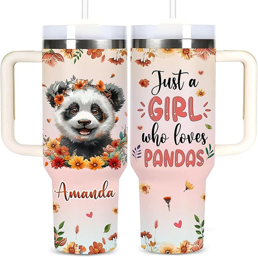 AGGLOMEKC Personalized Cute Panda Cup - Mother's Day Birthday Gift For Animal Lovers - Just A Girl Who Loves Panda Tumbler 40oz With Custom Name - Pet Lover Gifts For Women, Her