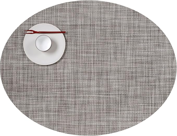 Chilewich Mini Basketweave Placemats in Gravel - Set of 4 - Easy Care Woven Tabletop Textiles - Indoor/Outdoor - 19.25" x 14" Oval