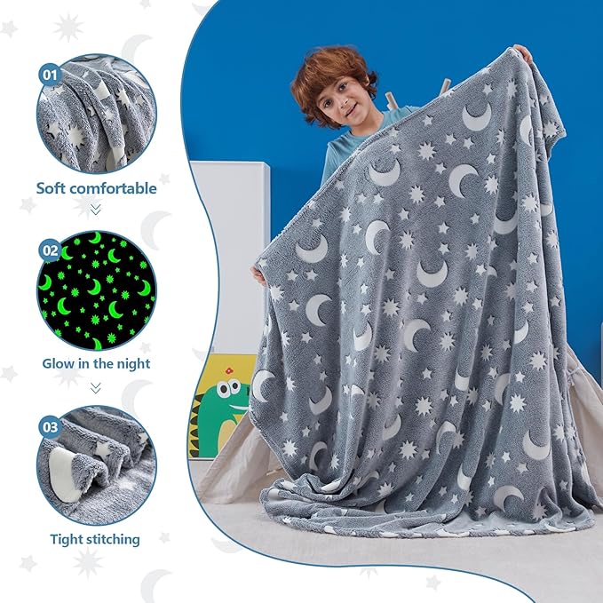 QSTEHEML Moon Glow in The Dark Blanket,Star Gifts Toys for Kids Boy Birthday Christmas Bedroom Decor for Age 3-12 Years Old Toddler Teens Child Grandkids Soft Luminous Blanket 50"횞60"