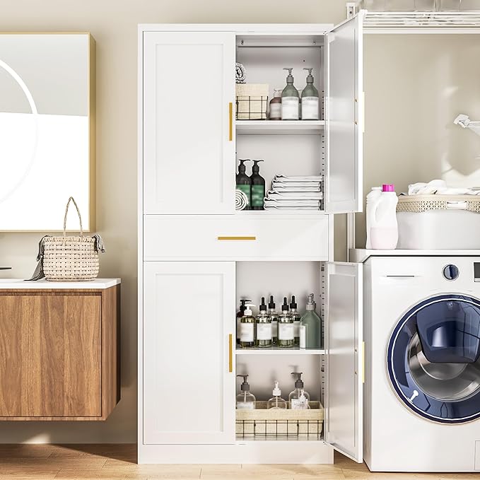 Kitchen Pantry Cabinet,71??Metal Tall Pantry Storage Cabinet with Doors 2 Adjustable Shelves and a Drawer,Kitchen Storage Cabinets White Freestanding Food Cabinet for Pantries, Kitchen, Dining Room