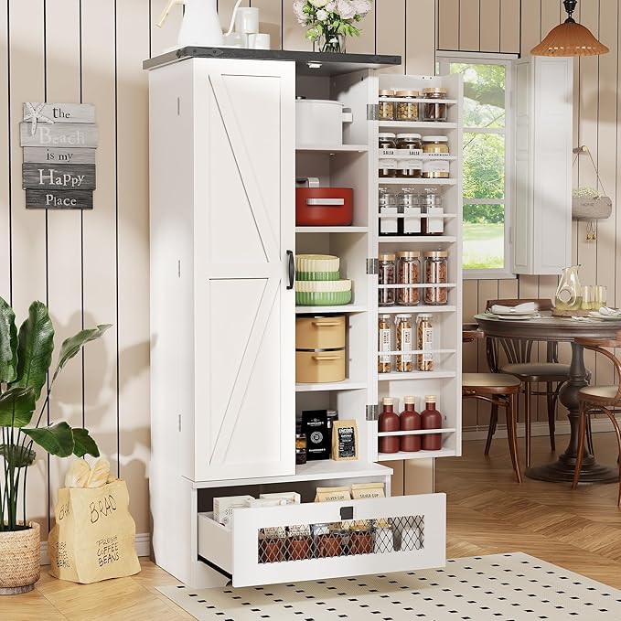 55" Pantry Storage Cabinet with Adjustable Shelvesand Drawer, Buffet Cupboard for Kitchen, LivingRoom, Bathroom, Dining Room