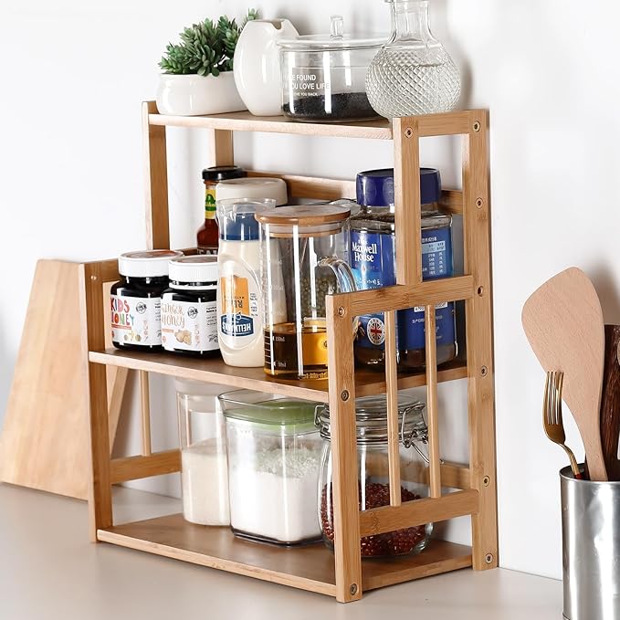 HYNAWIN Bamboo Spice Rack 3-Tier Kitchen Countertop Organizer, Adjustable Shelf Pantry Storage Stand for Herbs, Jars, and Bottles