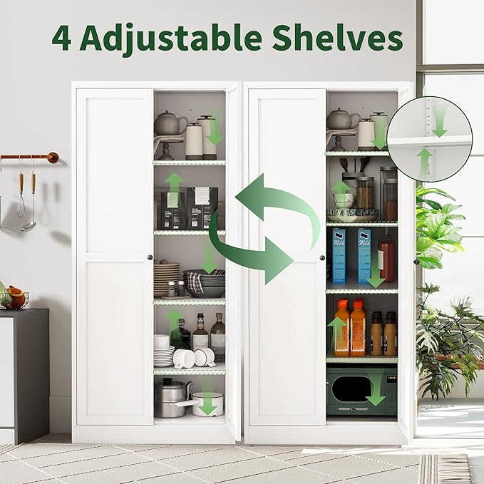 Kitchen Pantry Cabinet,White Metal Pantry Cabinet with 2 Doors & 4 Adjustable Shelves,61" Farmhouse Utility Storage Cabinet Rust-Resistant for Living Room,Dining Room,Bathroom,Garage,Basement