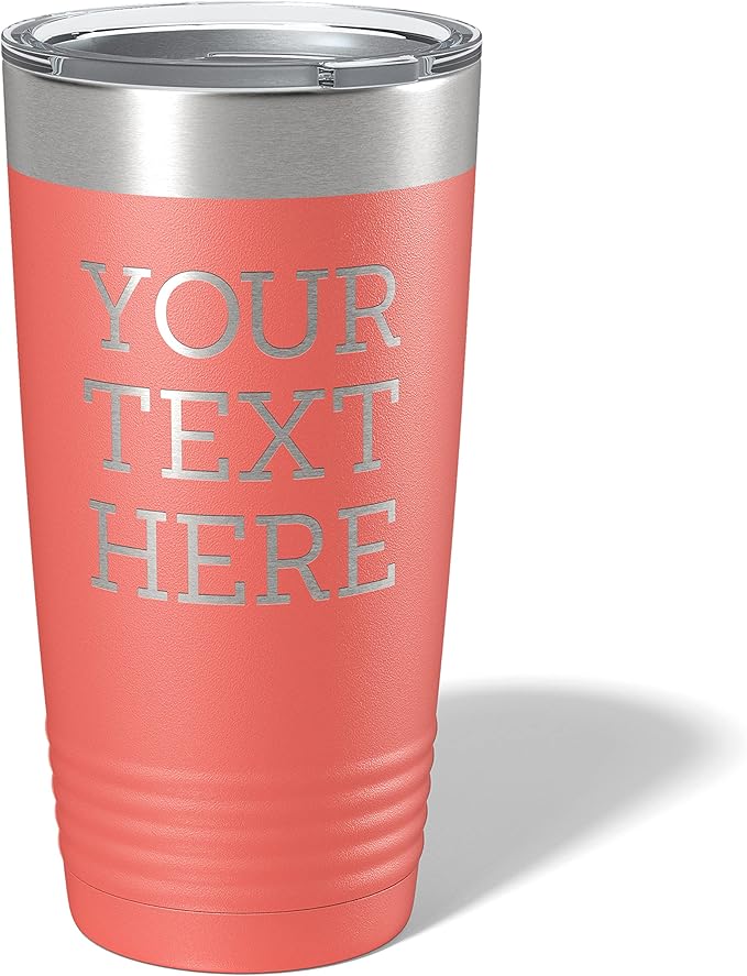 Personalized 20oz (17 Colors) Powder Coated Insulated Stainless Steel Tumbler with Lid, Custom Etched, Customized Text Message Name, Engraved Gift Idea Women Men Him Her, Your Text Here (Coral)
