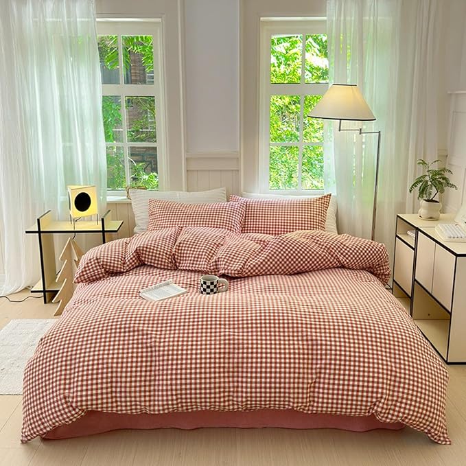 LifeTB Gingham Comforter Set Full Modern Style Red Orange Grid Plaid Comforter Soft Fluffy 3 Pieces Checkered Pattern Comforter Set Farmhouse Orange Gingham Bedding Comforter with 2 Pillowcases