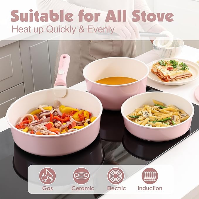 SENSARTE 24 Piece Ceramic Pots and Pans Set, Nonstick Detachable Handle Cookware, Induction Kitchen Cookware Set with Removable Handle, Healthy Non Stick for RV, Dishwasher竊냀ven Safe, PFOA Free (Pink)