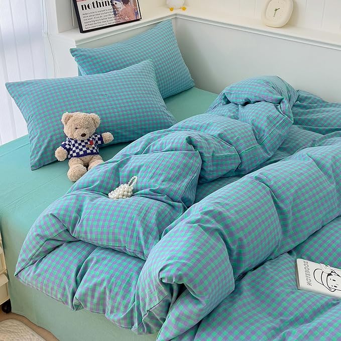 LifeTB Queen Comforter Set Green Gingham Bedding Comforter 3 Pieces Checkered Pattern Comforter Set Green Purple Plaid Grid Bed Comforter with 2 Pillowcases Fluffy Soft Gingham Bedding Set Queen Size