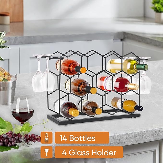 Countertop Wine Rack - 14 Bottle Freestanding Modern Black Metal Small - 3 Tier Tabletop Wine Holder Stand for Cabinet, Pantry - Wine Racks Countertop