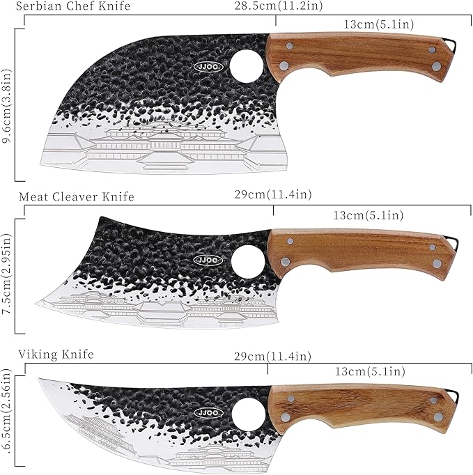 JJOO 3PCS Butcher Knife, Stainless Steel Butcher Knife Set with Wooden Handle, 7" Butcher Meat Cleaver, 7" Serbian Chef Knife and 6.5" Viking Knife, Indoor & Outdoor Use (Stylish Pattern)