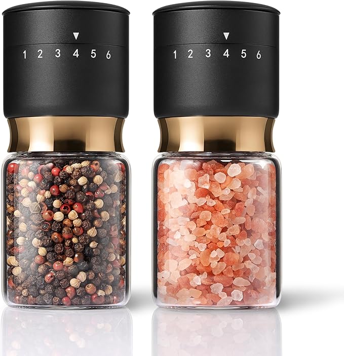 Gold Salt and Pepper Grinder Set with External Adjustable Coarseness Stainless Steel Sea Salt & Pepper Mill Set Ceramic Core Spice Grinder Refillable Glass Black and Gold Shaker Kitchen Accessories