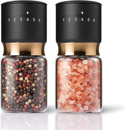 Gold Salt and Pepper Grinder Set with External Adjustable Coarseness Stainless Steel Sea Salt & Pepper Mill Set Ceramic Core Spice Grinder Refillable Glass Black and Gold Shaker Kitchen Accessories