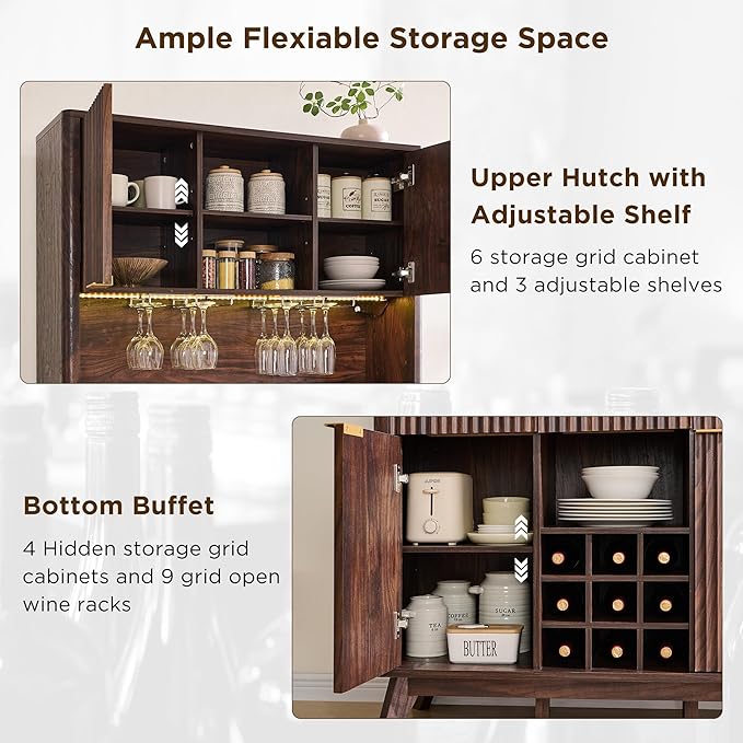 OKD 72" Tall Wine Bar Cabinet with Storage Hutch, Modern Wood Fluted Coffee Bar Cabinet with LED Lights and 10 Tier Storage Shelf & 9 Grid Wine Glass Rack for Home Dining Room Kitchen (Dark Walnut)