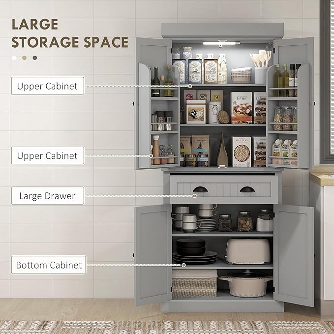 HOMCOM 71" Kitchen Pantry Cabinet with LED Motion Sensor Light, Tall Storage Cabinet with 6 Door Shelves, Drawer & Adjustable Shelves, for Living & Dining Room, Gray