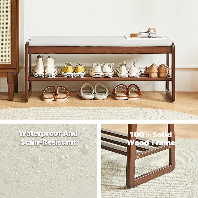 Fetuero Solid Wood Shoe Bench, 2-Tier Wooden Storage Entryway Bench, Small Entryway Bench, Mid-Century Modern Bedside Bench with Faux Leather Cushion for Dining Room Living Room, Cream Grey 21.65''