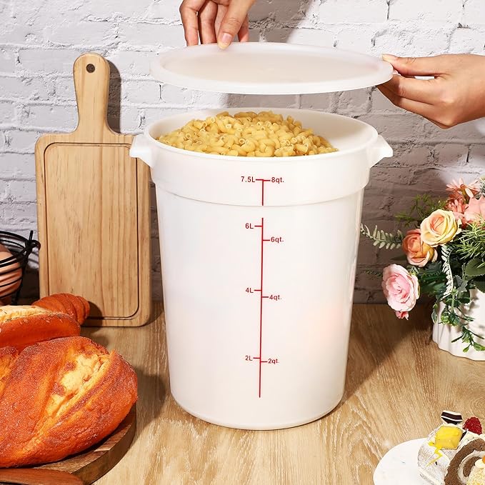 Hushee 4 Pcs Commercial Food Storage Containers Round PP Food Storage Containers with Lids for Pantry Translucent Plastic Tubs with Lids for Storage Food Safe Bucket with Scales and Handles (8 Quart)