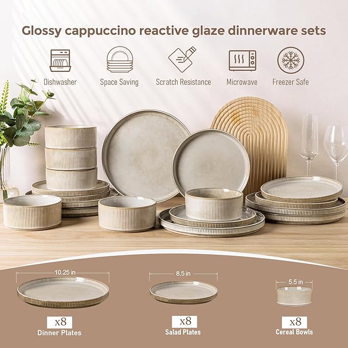 GBHOME Stoneware Dinnerware Sets for 8,Round Reactive Glaze Ceramic Plates and Bowls Set,Highly Scratch Resistant| Dishwasher & Microwave Safe Dishes Set,Service for 8(24pc)竊똂appuccino