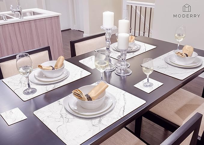 Moderry Set of 4 Heat Resistant Cork Placemats for Dining Table with Free Set of 4 Matching Drink Coasters Marble Design 16 x 12 Inches Cork Backed Hard Placemats (White Marble)
