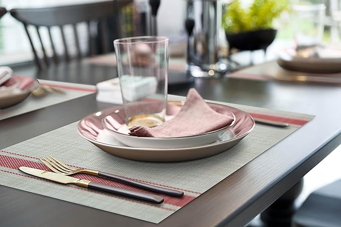 More D챕cor Dining Table Placemats, Washable Heat-Resistant PVC Vinyl Table Mats for Dining Room and Kitchen, Anti-Slip - Set of 4 - Vertical Striped Red - Grey