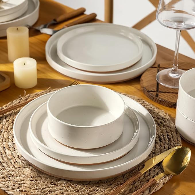 AmorArc Ceramic Dinnerware Set for 4 | Speckled Stoneware Plates and Bowls with unglazed terracotta | Scratch Resistant, Dishwasher & Microwave Safe Modern Dishes Sets- 12-Pcs Beige