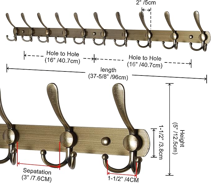 Dseap Coat Rack Wall Mount - 38??Long 10-Tri-Hooks Heavy Duty Coat Hanger Rail Wall Hooks for Hanging Coats Hats Clothing Clothes Purse Mudroom Entryway, Bronze, Pack of 2
