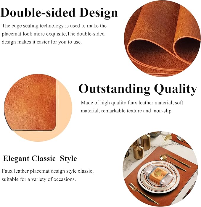 Cowhide Pattern PU Leather Placemats Set of 6 Heat Resistant Kitchen Table Mats, Non-Slip Dining Table Decorations, Double-Sides Waterproof Wipeable Place mats(Brown)