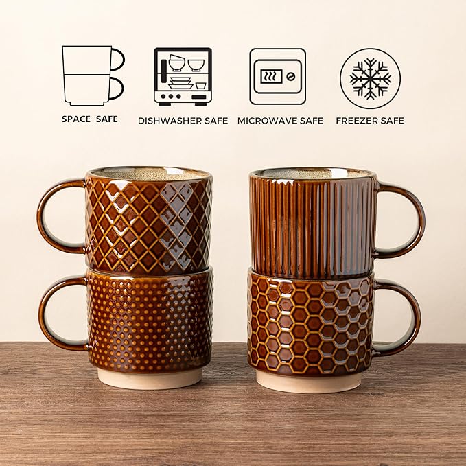 GBhome 12OZ Stackable Coffee Mugs with Stand, Ceramic Coffee Mugs with Texture Patterns for Man,Woman,Dad,Mom, Modern Coffee Cups Set of 4 for Latte/Cappuccino. Dishwasher&Microwave Safe, Caramel