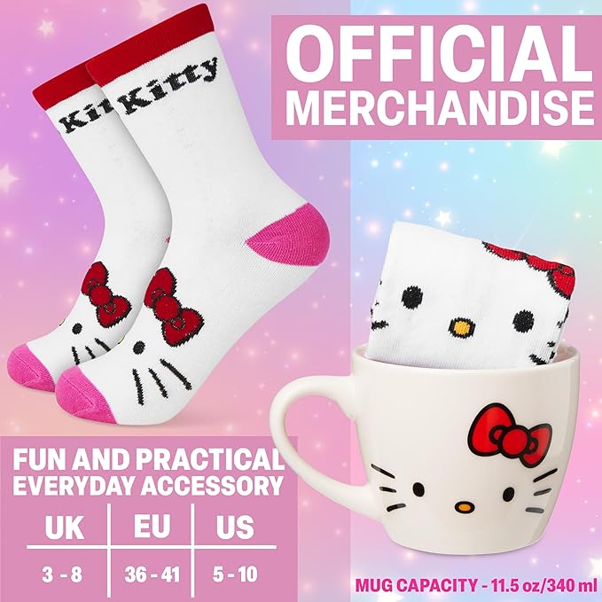 Get Trend Hello Kitty Sanrio Coffee Mug and Socks Set, 11.5 oz Ceramic Cup with Crew Socks, Kawaii Drinkware Christmas, Secret Santa Gifts for Women (White Hello Kitty)