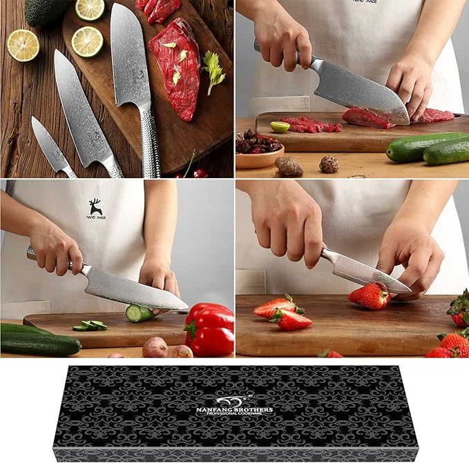 3 Pieces Damascus Kitchen Knife Set with 8??Chef Knife, 7??Santoku Knife, 3.5??Paring Knife, 67 Layer Handmade Damascus VG10 Steel Core, Hammered Ergonomic Handle (Gift Box)