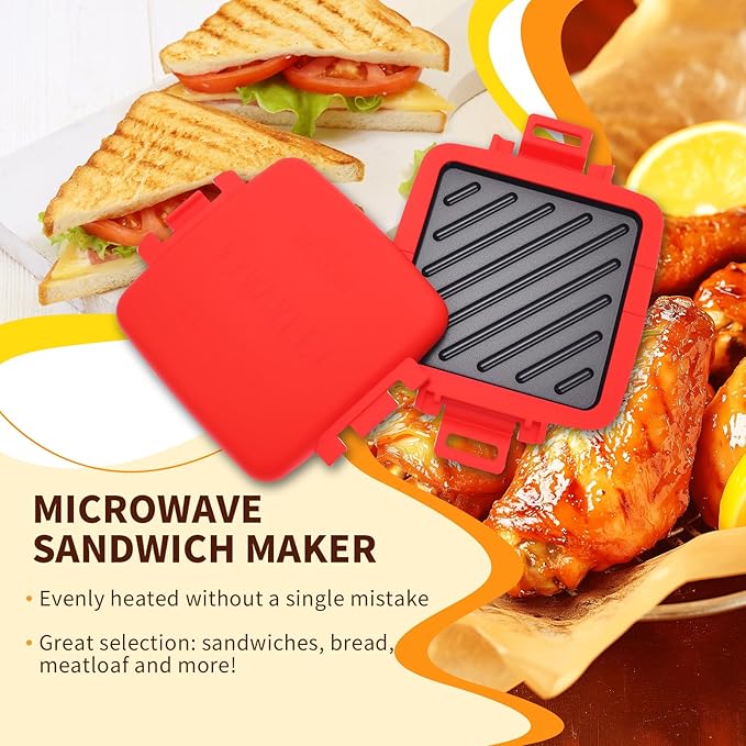 Microwave Sandwich Maker, Heat-Resistant Silicone Rubber Shell, Advanced HeatWave Technology, Non-Stick Plates, Easy to Clean, Makes Toast, Sandwiches, Paninis, Patties (Red)