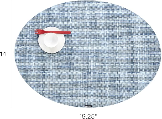 Chilewich Mini Basketweave Placemats in Chambray - Set of 4 - Easy Care Woven Tabletop Textiles - Indoor/Outdoor - 19.25" x 14" Oval