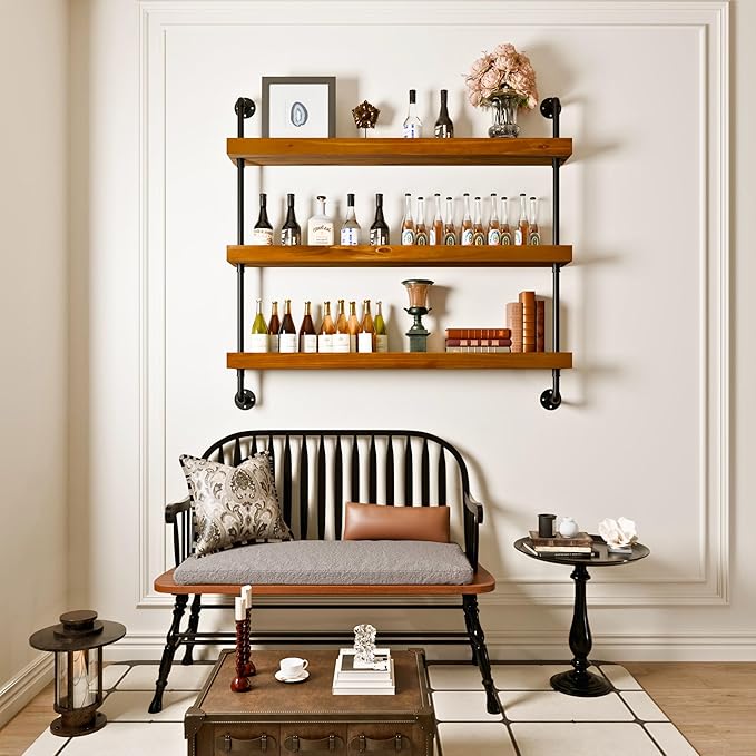 Industrial Wine Rack Wall Mounted, Solid Wood Shelf with Metal Pipe Brackets, 3-Tier Rustic Hanging Organizer for Wine Bottle Storage in Kitchen, Bar, Pub, Cellar(Walnut Brown, 48 Inch)
