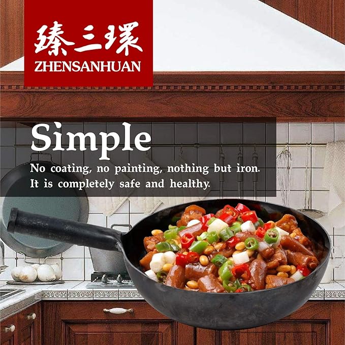 ?삡툒??ZhenSanHuan Chinese HandHammered Iron Woks and Stir Fry Pans, Non-stick, No Coating, Induction Suitable, 塋졽툡?곲봾竊뚩닃弱뽨툓?꾡릎?쏙펽A bite of China (28CM)