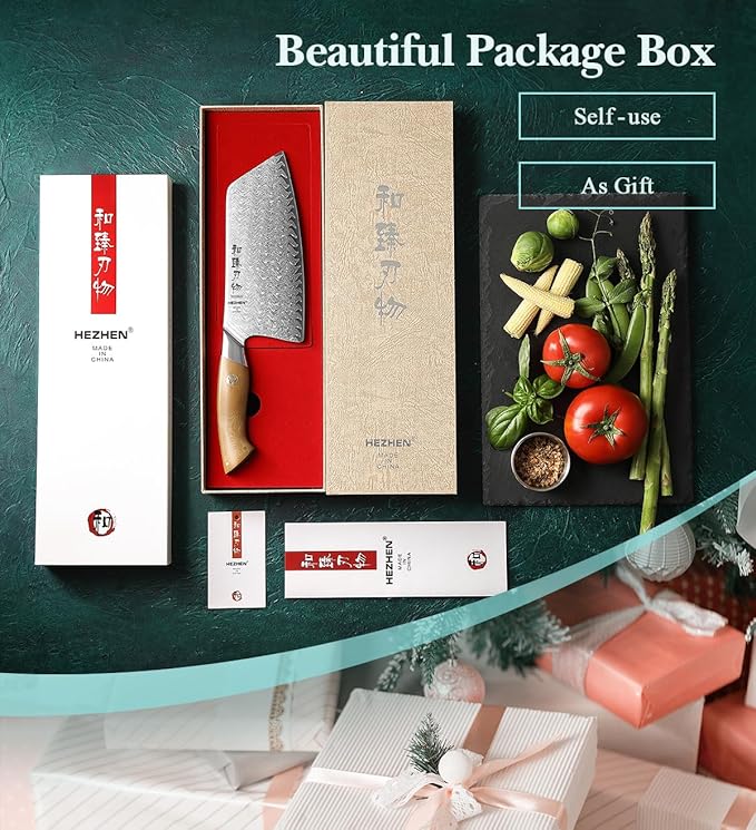 HEZHEN Damascus Meat Cleaver Knife, 7.5 Inches, 67 Layers Damascus Steel Vegetable Cleaver, Professional Butcher Knife for Meat Cutting, Ultra-sharp Blade with Linen Micarta Handle, Gift Packing
