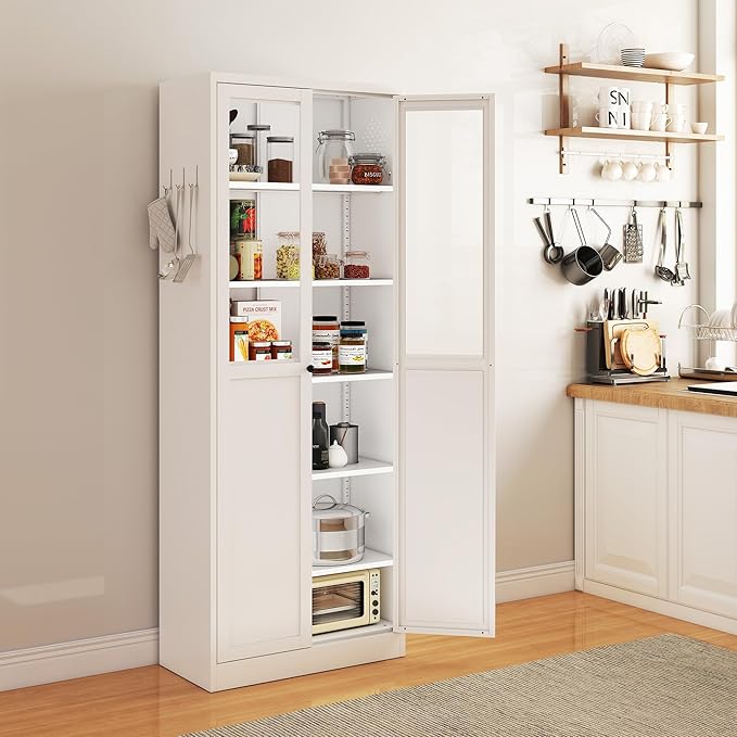 72 Inch Tall Metal Pantry Cabinet, Kitchen Pantry Storage Cabinets with Adjustable Shelves, Metal and Glass Pantry Cabinet for Kitchen Dining Room Living Room Bathroom, White
