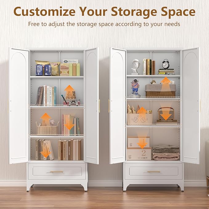 White Pantry Cabinet with Drawer, 75 Inch Tall Kitchen Cabinet, Metal Storage Cabinets with Doors and Shelves, Steel Food Pantries, Large Freestanding Cupboard for Dining Room-Assemble Required