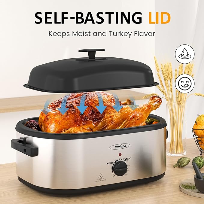 Sunvivi 24 QT Electric Roaster Oven with Self-Basting Lid, 3 Compartments, and Keep Warm Function, Full-Range Temperature Control (150-450째F), Stainless Steel