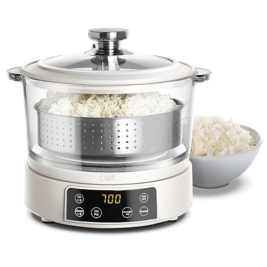 COOK WITH COLOR 3L Glass Mini Low Carb Rice Cooker ??Holds 2 Cups Raw/Makes 6 Cups Cooked with Auto Lift Filter Basket, Hotpot & Steamer for Rice, Grains, Digital Panel with Keep Warm, Cream